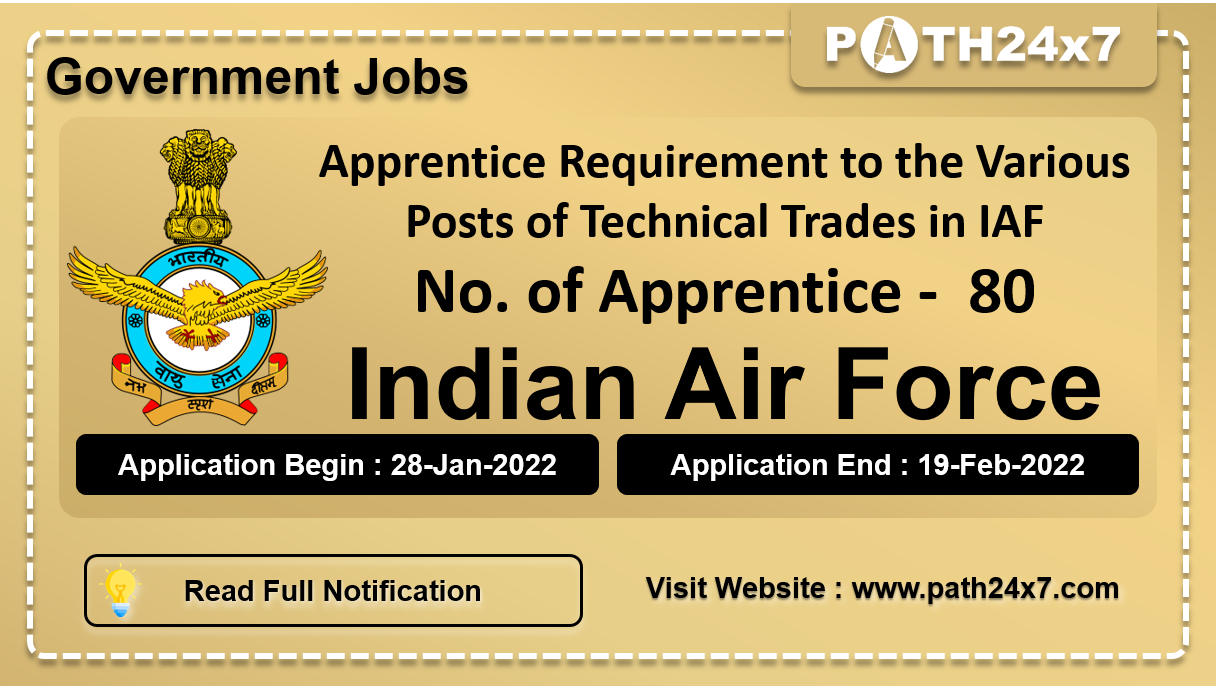 Apprentice Requirement to the Various Posts of Technical Trades in IAF, No. of Apprentice -  80, Important Dates, Application Fees, Age Limit, Educational Criteria, Physical Criteria, Vacancy Details, How to Apply By Online | Indian Air Force